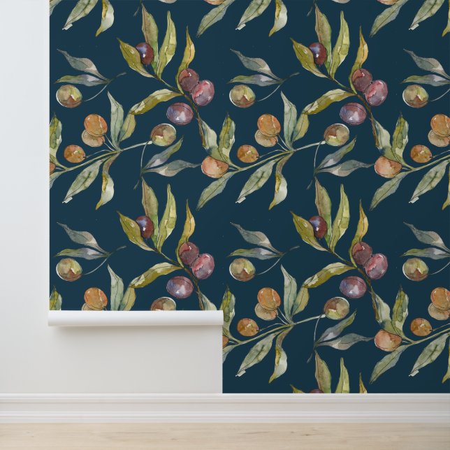 Beautiful Watercolor Italian Olives Pattern Blue Wallpaper (Application)