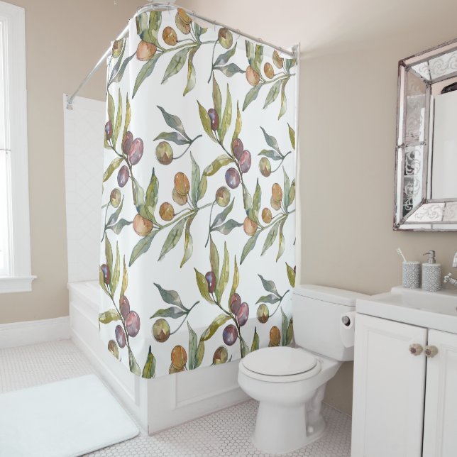 Beautiful Watercolor Italian Olives Pattern White Shower Curtain (In Situ)