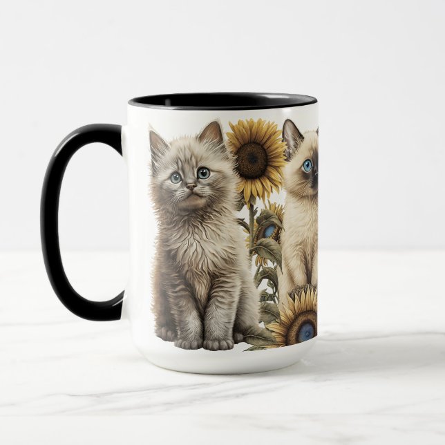 BEAUTIFUL WATERCOLOR KITTENS WITH SUNFLOWERS MUG (Left)