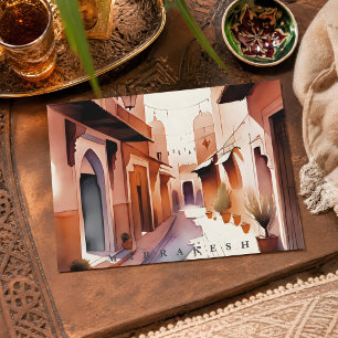 Beautiful Watercolor Marrakesh Morocco Old Medina  Postcard