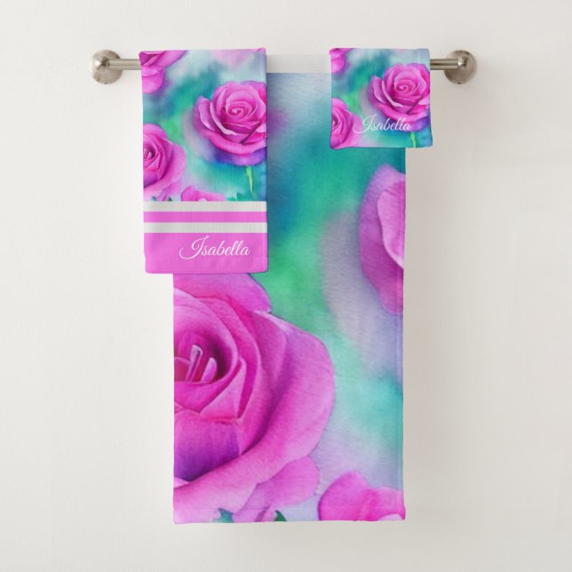 Beautiful Watercolor Modern Pink Roses Collection Bath Towel Set (Insitu)