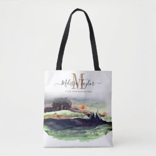 Beautiful Watercolor Mountains and Trees Monogram Tote Bag