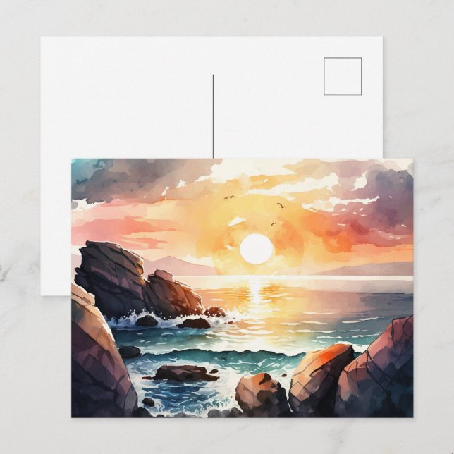 Beautiful Watercolor Ocean Sunset Landscape Postcard (Front/Back)