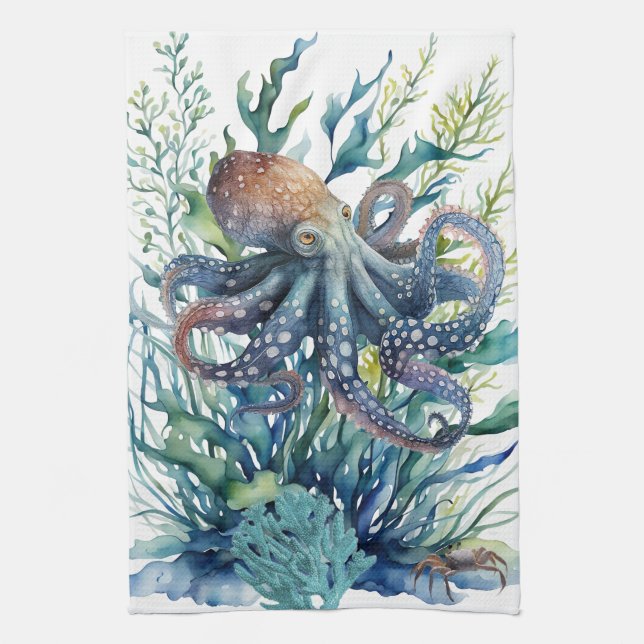 Beautiful Watercolor Octopus Kitchen Towel (Vertical)