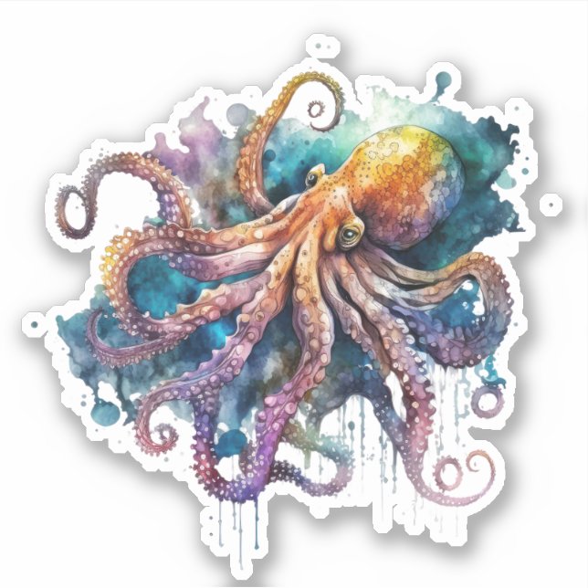 Beautiful Watercolor Octopus Vinyl Sticker (Front)