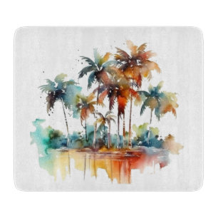 Beautiful watercolor of a beach with palm trees cutting board