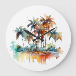 Beautiful watercolor of a beach with palm trees large clock