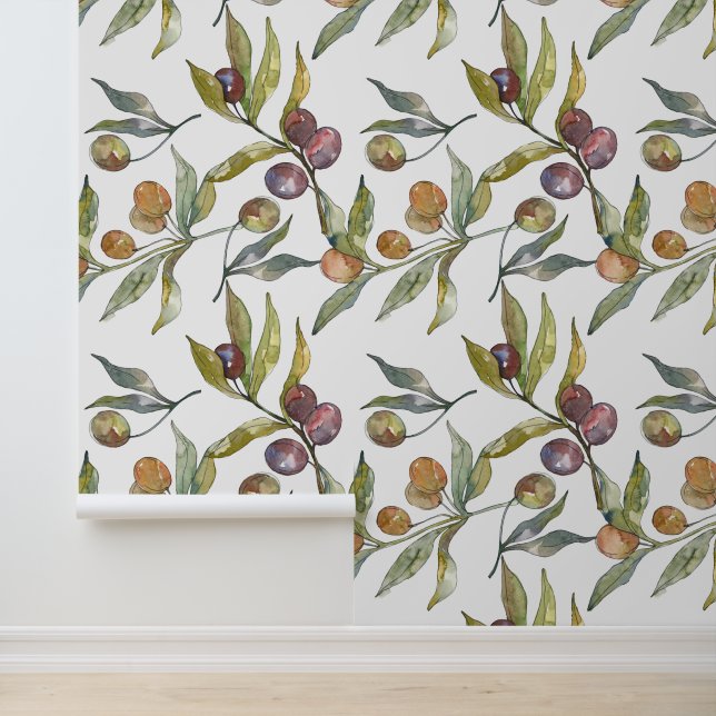 Beautiful Watercolor of Italian Olives Pattern Wallpaper (Application)
