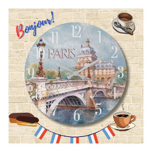 Beautiful Watercolor of Paris Large Clock