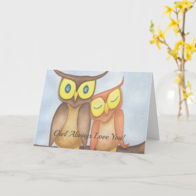 Beautiful Watercolor Owl Lovers Card (Yellow Flower)