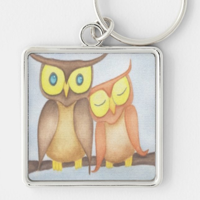 Beautiful Watercolor Owl Lovers Key Ring (Front)