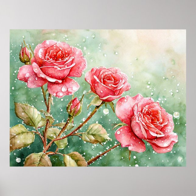Beautiful Watercolor Painting of Red Roses Poster (Front)