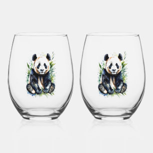 Beautiful Watercolor Panda Bear Stemless Wine Glass