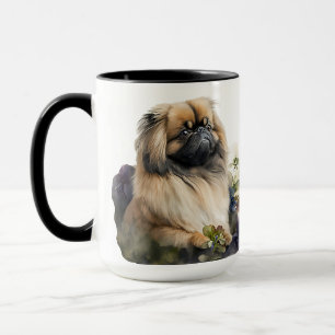 BEAUTIFUL WATERCOLOR PEKINGESE DOG & FLOWERS MUG