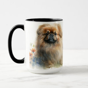 BEAUTIFUL WATERCOLOR PEKINGESE DOG & FLOWERS MUG