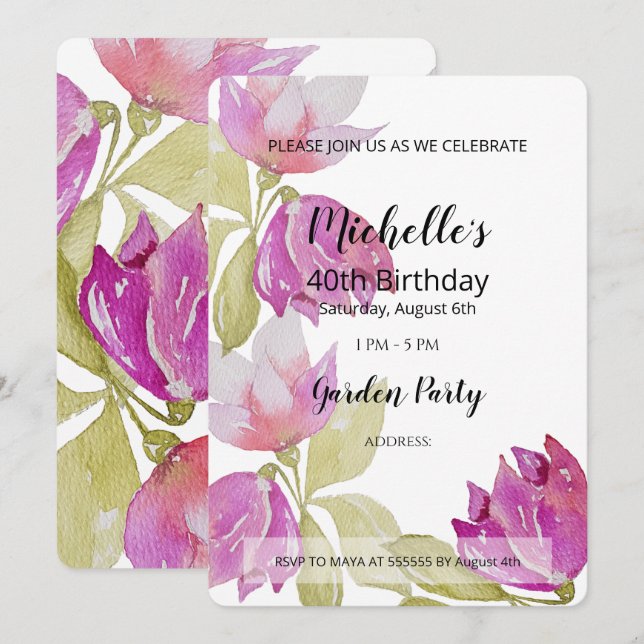 Beautiful Watercolor Pink Flowers Hand-painted Invitation (Front/Back)