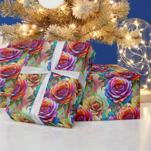 Beautiful Watercolor Rainbow Roses Wrapping Paper