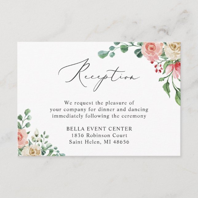 Beautiful Watercolor Rose Floral Wedding Reception Enclosure Card (Front)