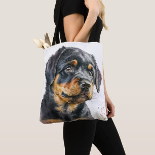 BEAUTIFUL WATERCOLOR ROTTWEILER PUPPY DOG TOTE BAG