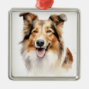 BEAUTIFUL WATERCOLOR ROUGH COLLIE DOG METAL ORNAMENT