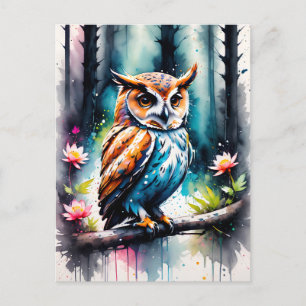 Beautiful Watercolor Splash Style Owl Postcard