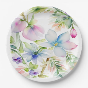Beautiful Watercolor Spring Flowers Blue Pink Paper Plate