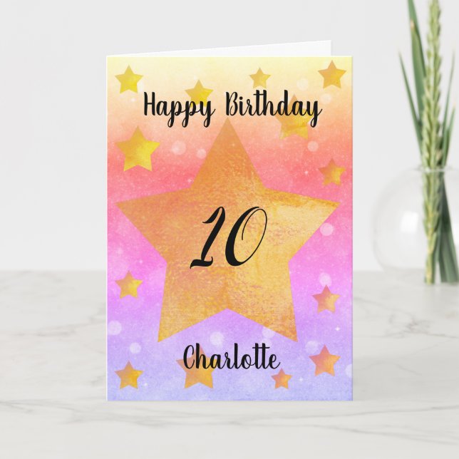 Beautiful Watercolor Stars 10th Birthday Card (Front)