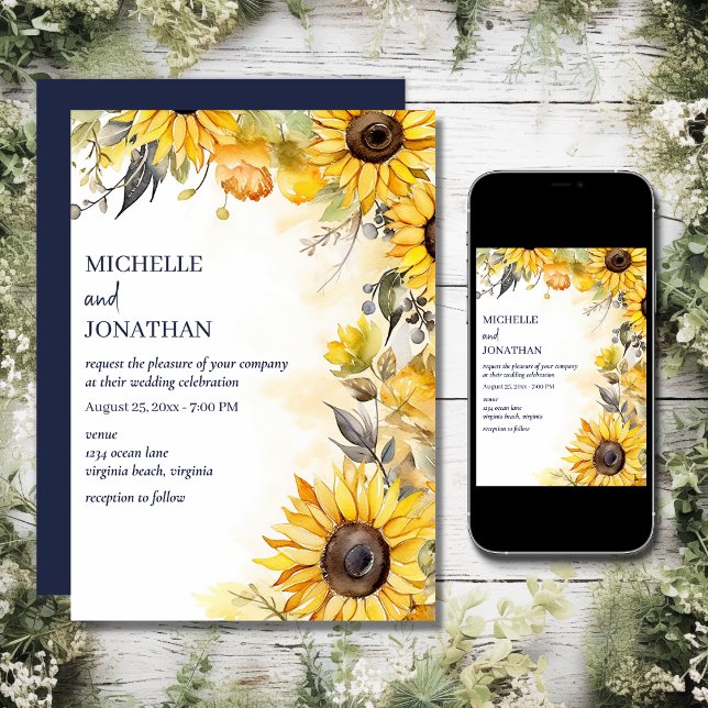 Beautiful Watercolor Sunflower Floral Wedding Invitation (Printed and Digital - Beautiful Watercolor Sunflower Floral Wedding Invitation)