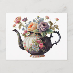 Beautiful Watercolor Teapot, Flowers, Teacups Postcard