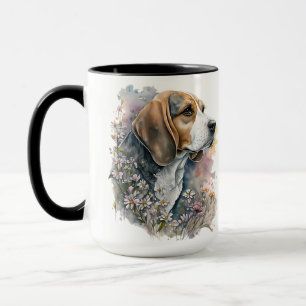 BEAUTIFUL WATERCOLOR TRICOLOR BEAGLE DOG & FLOWERS MUG