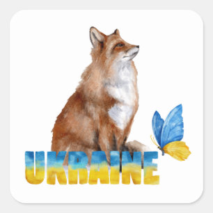 Beautiful Watercolor Ukraine Fox and Butterfly Square Sticker