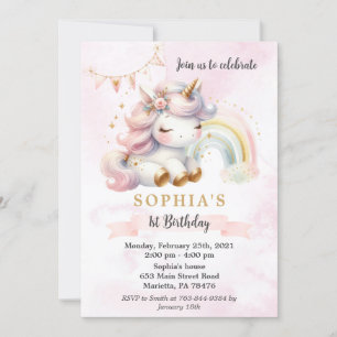 Beautiful Watercolor Unicorn and Rainbow Birthday Invitation