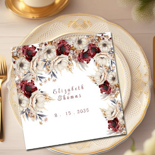 Beautiful Watercolor White Roses  Burgundy Poppies Napkin