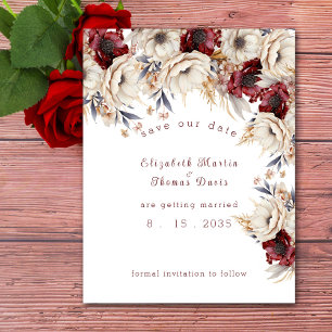 Beautiful Watercolor White Roses Burgundy Poppies Save The Date