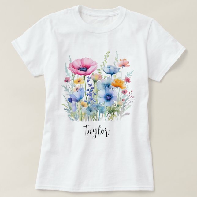 Beautiful Watercolor Wildflower Botanical Garden T-Shirt (Design Front)