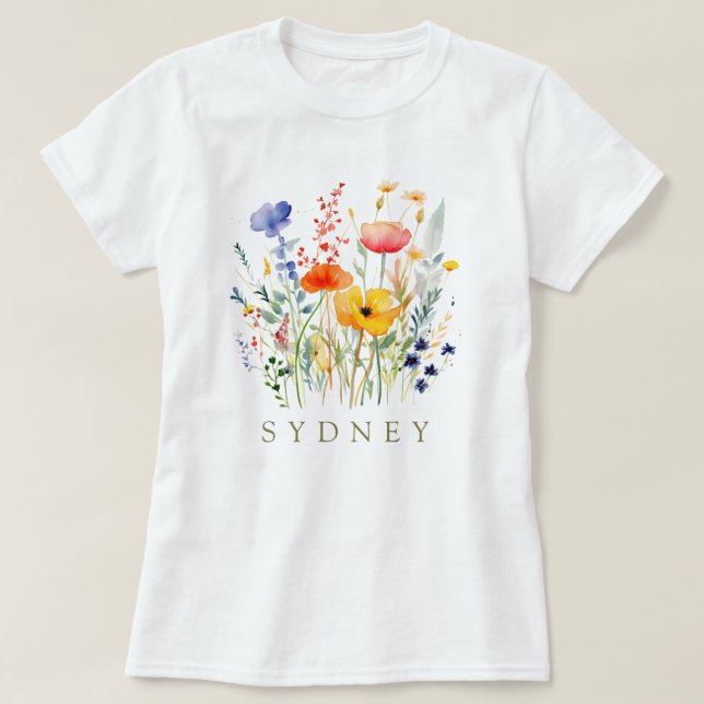 Beautiful Watercolor Wildflower Botanical Garden T-Shirt (Design Front)