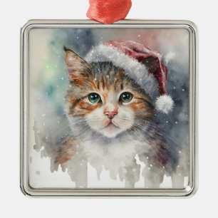 BEAUTIFUL WATERCOLOR WINTER TABBY CAT FACE METAL ORNAMENT