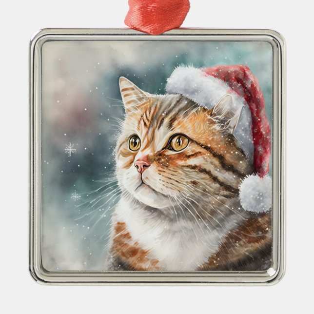 BEAUTIFUL WATERCOLOR WINTER TABBY CAT FACE METAL ORNAMENT (Front)