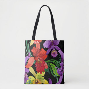 Beautiful Watercolour Orchid Flowers on Black Tote Bag