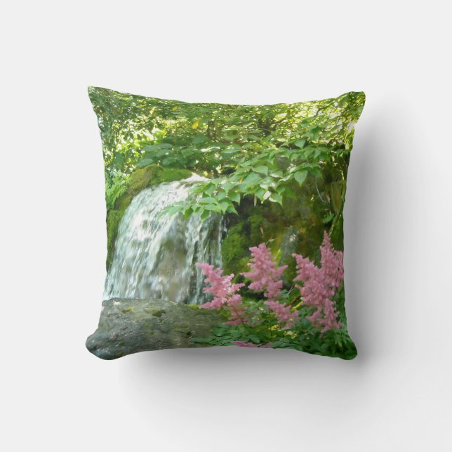 Beautiful Waterfall Scene with Pink Astilbe Cushion (Front)