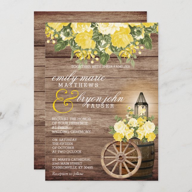 Beautiful Weathered Wood Barrel and Yellow Flowers Invitation (Front/Back)