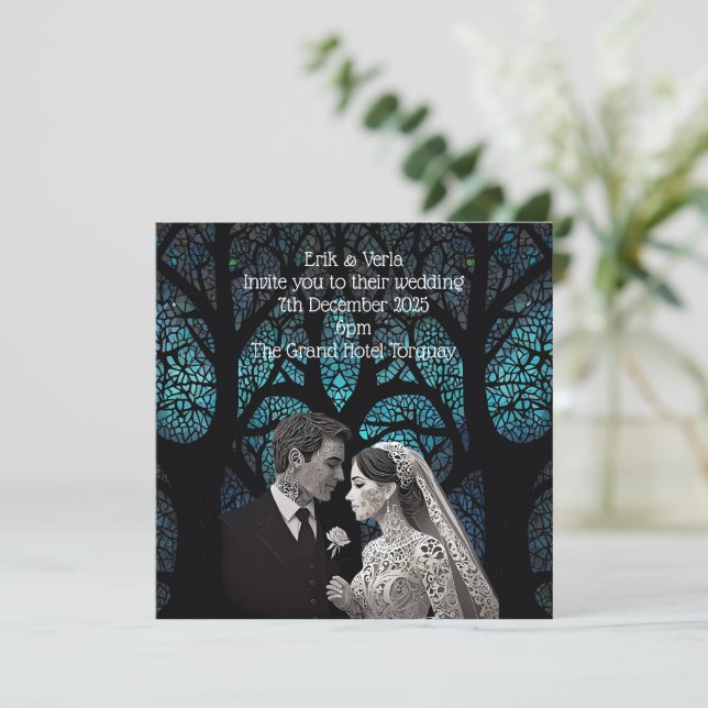Beautiful wedding couple on a blue Tree of Life Invitation (Standing Front)