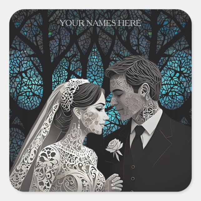 Beautiful wedding couple on a blue Tree of Life Square Sticker (Front)