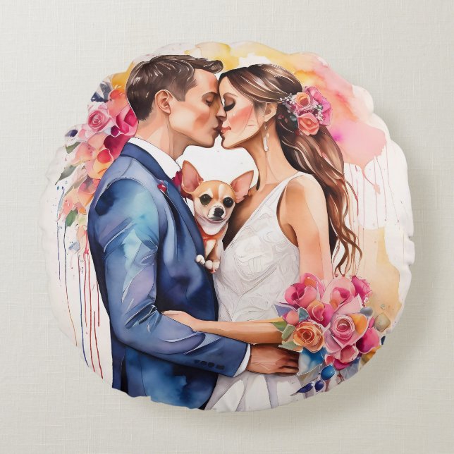 Beautiful Wedding Couple with Cute Funny  Round Cushion (Front)