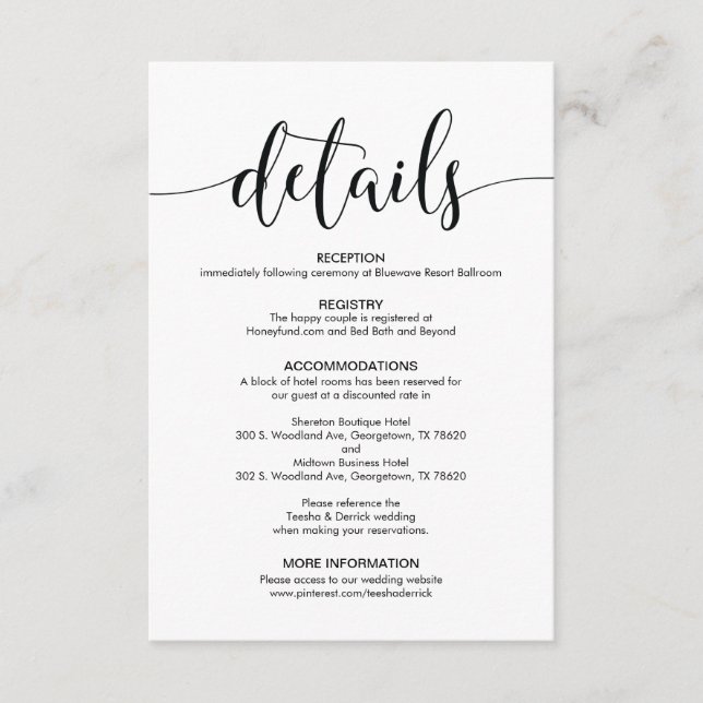 Beautiful Wedding Details Enclosure Card (Front)