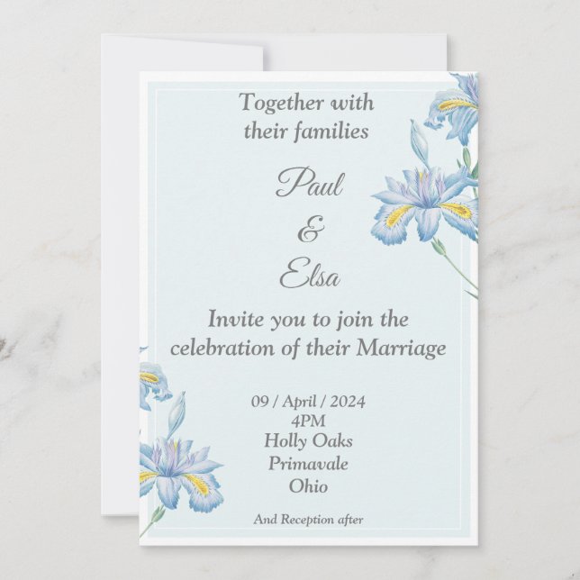 Beautiful Wedding Invitation, blue, blue flowers Invitation (Front)