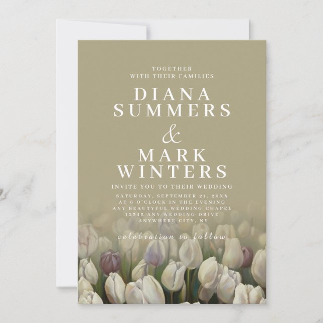 Beautiful wedding Invitation with white tulips (Front)