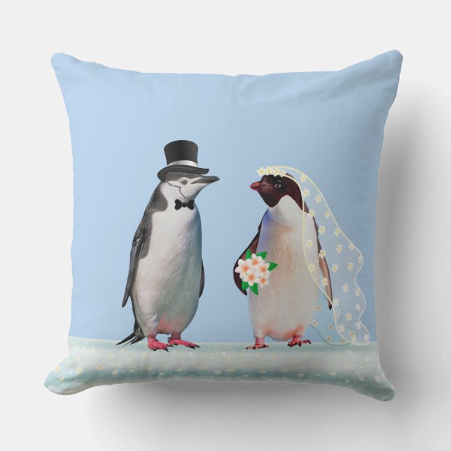 Beautiful Wedding Penguin Couple on Light Blue Cushion (Front)