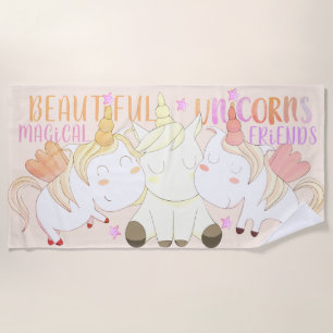 Beautiful Whimsical fun magical unicorns, friends Beach Towel