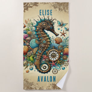 BEAUTIFUL WHIMSICAL STEAMPUNK SEAHORSE PERSONALIZE BEACH TOWEL